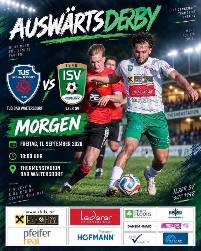 Poster for a soccer match between two teams, one in red and the other in white and green, with a crowd in the background. The event is titled 'Auswärts Derby' and is scheduled for September 11, 2026.