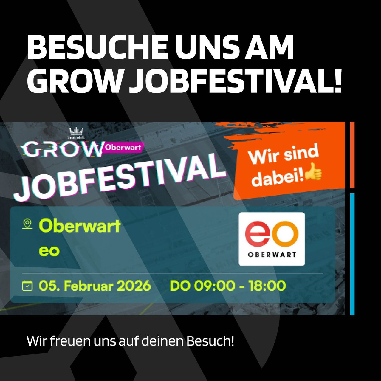 Job-Festival-Poster mit schwarzem Hintergrund, mit einem Daumen-Hoch-Symbol und Text, der zum Besuch am 5. Februar 2026 von 9 Uhr bis 18 Uhr in Oberwart einlädt.