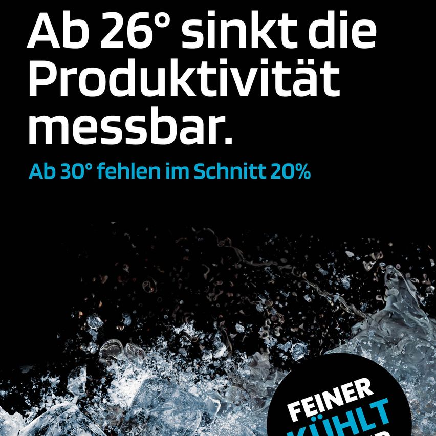 Ein Poster mit schwarzem Hintergrund und weißen Text, der 'Ab 26° sinkt die Produktivität messbar' besagt. Darunter steht 'Ab 30° fehlen im Schnitt 20%'. Wasserspritzer mit einem kreisförmigen Logo, das 'Feinern Kühlt' sagt.