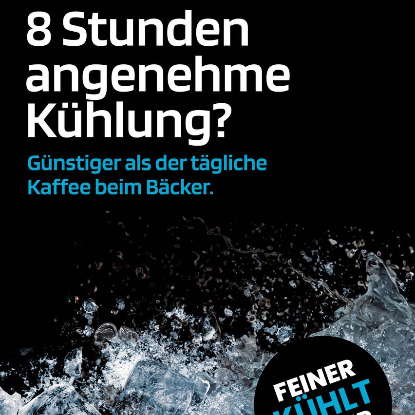 An advertisement for a beverage, claiming 8 hours of pleasant cooling, cheaper than daily coffee at the bakery. Water splashes in the background.