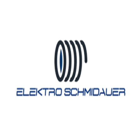 Das Logo von Elektro Schmidauer zeigt ein blaues und schwarzes kreisförmiges Design mit einem abstrakten Muster darin, über dem Namen in fetten blauen Buchstaben.