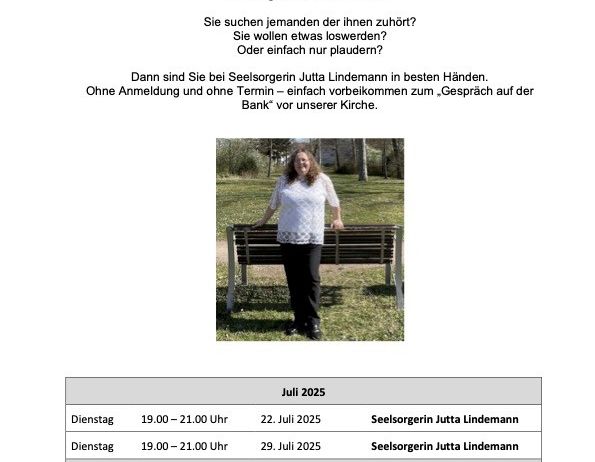 Ein Bild zeigt eine Frau namens Jutta Lindemann, die Beratungssitzungen ohne Termin vor einer Kirche anbietet. Termine für Juli und August 2025 sind angegeben.