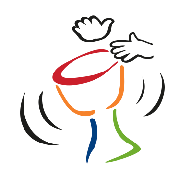 Eine abstrakte Illustration zeigt einen großen roten und orangefarbenen Kreis mit wellenförmigen Linien. Zwei Hände befinden sich an den Seiten des Kreises und deuten auf eine verspielte oder rhythmische Bewegung hin. Der Hintergrund ist weiß.