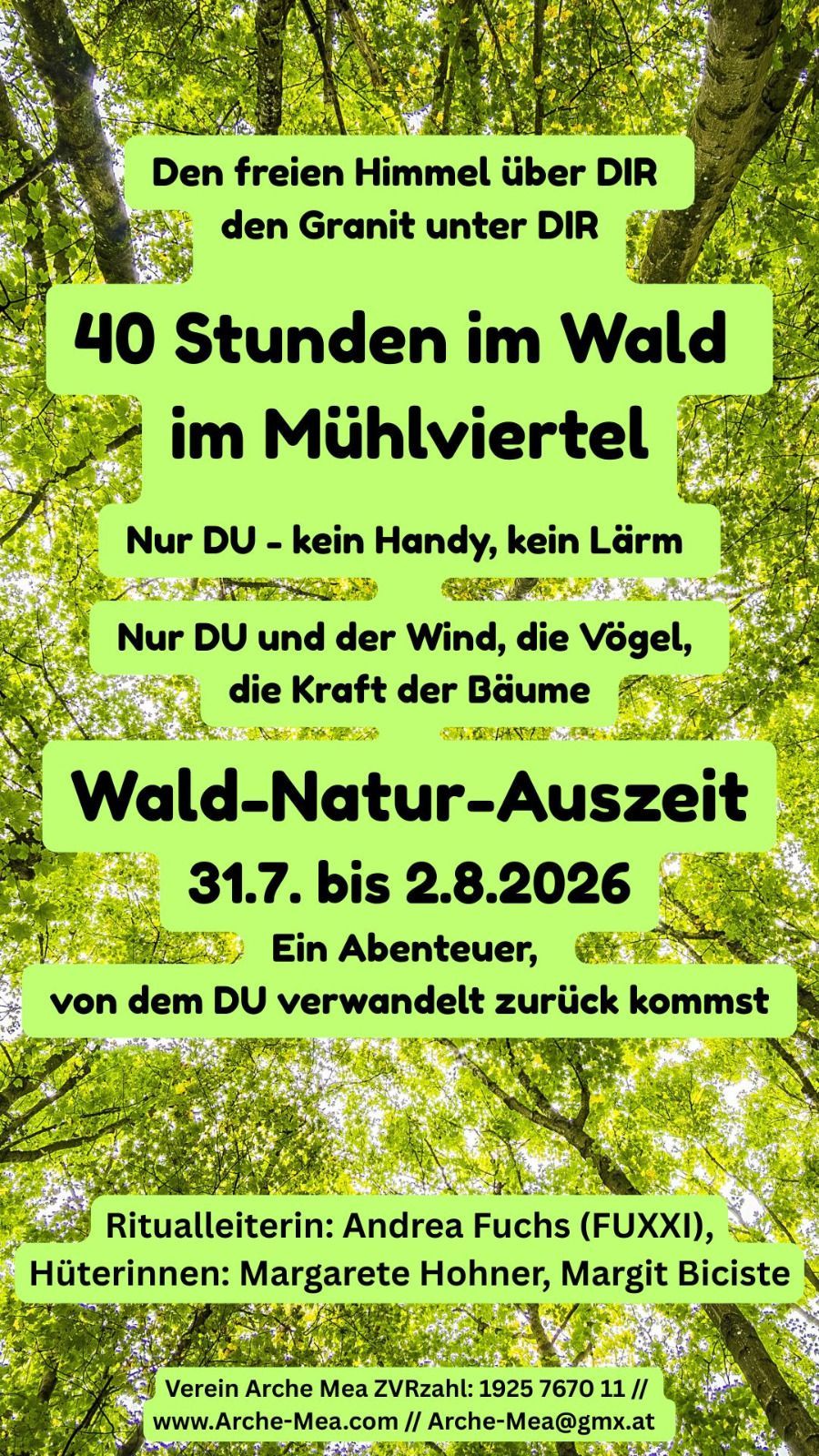 Ein Werbeplakat für ein 40-Stunden-Walderlebnis im Mühlviertel, Österreich. Es bietet Einsamkeit, keine Handys und keine Lärm. Termine vom 31. Juli bis 2. August 2026.