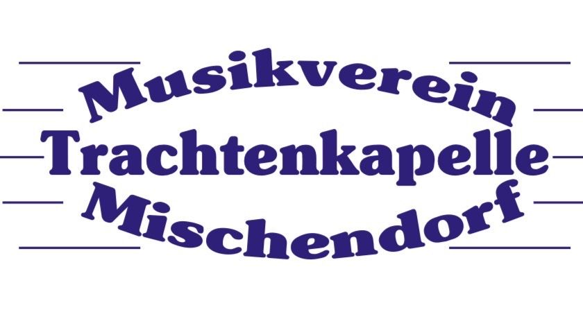 Der blaue Text 'Musikverein Trachtenkapel Mischendorf' steht auf weißem Hintergrund mit blauen Linien über und unter dem Text.