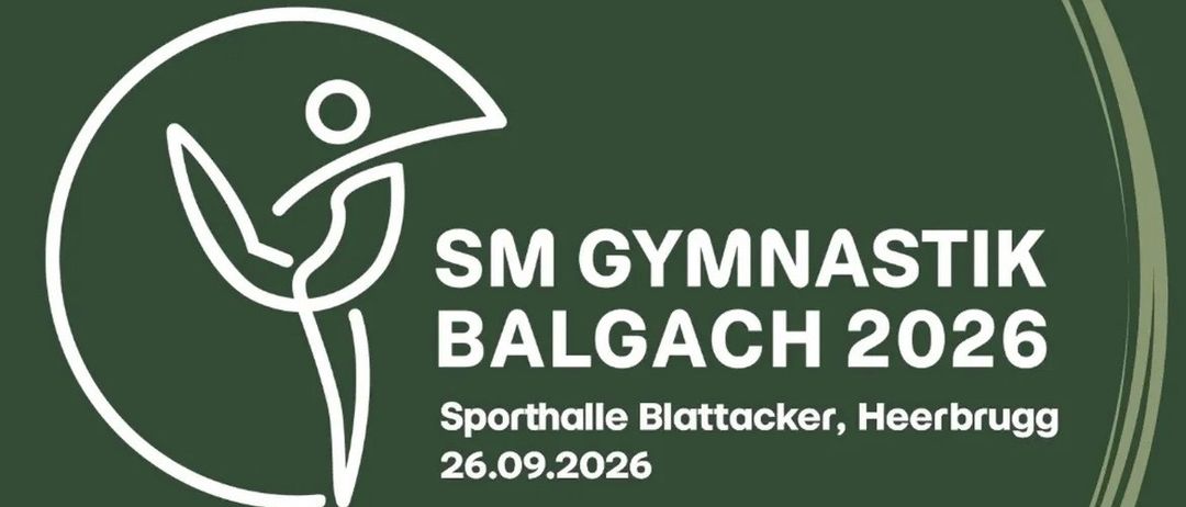 Plakat für SM Gymnastik Balgach 2026 mit einer helmtragenden Figur auf grünem Hintergrund. Die Veranstaltung findet am 26. September 2026 in der Sporthalle Blattacker, Heerbrugg, statt.