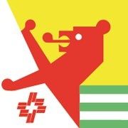 A red illustration of a stylized lion in a leaping pose on a white background with a yellow and green striped pattern. Below the lion, there is a red cross symbol.