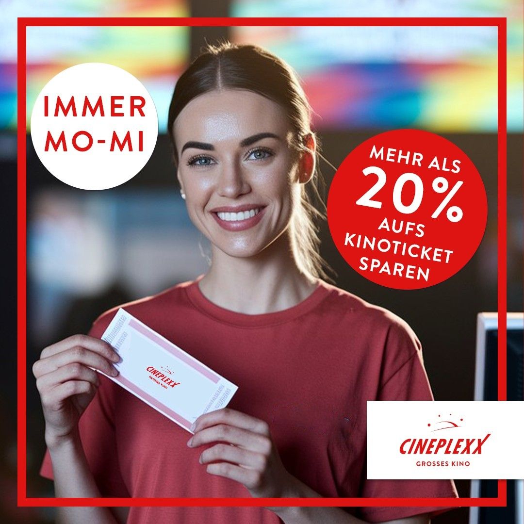Eine Frau hält ein Kinoticket in der Hand und lächelt. Das Bild hat einen roten Rand und den Text 'Immer Mo-Mi Mehr als 20% aufs Kinoticket sparen'.