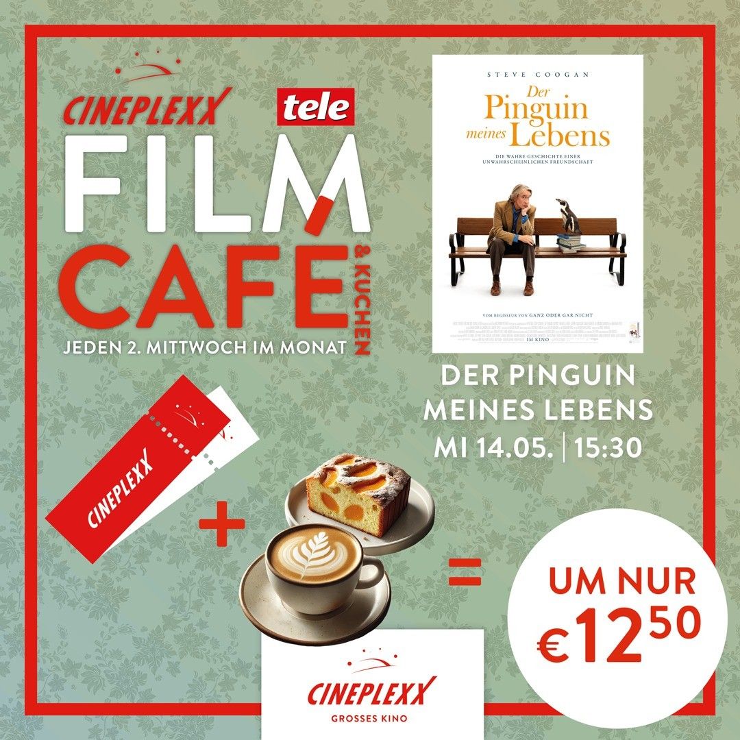 Cineplexx Film Cafe Plakat mit grünem Hintergrund, einer Kaffeetasse, einem Kuchen und einem Filmplakat von 'Der Pingvin meines Lebens' von Steve Coogan. Das Plakat zeigt 'Der Pingvin meines Lebens' und 'Der Pingvin meines Lebens' mit einem Preis von 12,50 Euro.
