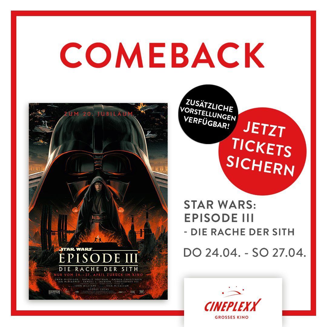 Werbeposter für Star Wars Episode III anlässlich des 20. Jahrestages. Das Poster zeigt eine Silhouette von Darth Vader in Flammen mit einem Aufruf, jetzt Tickets zu sichern.