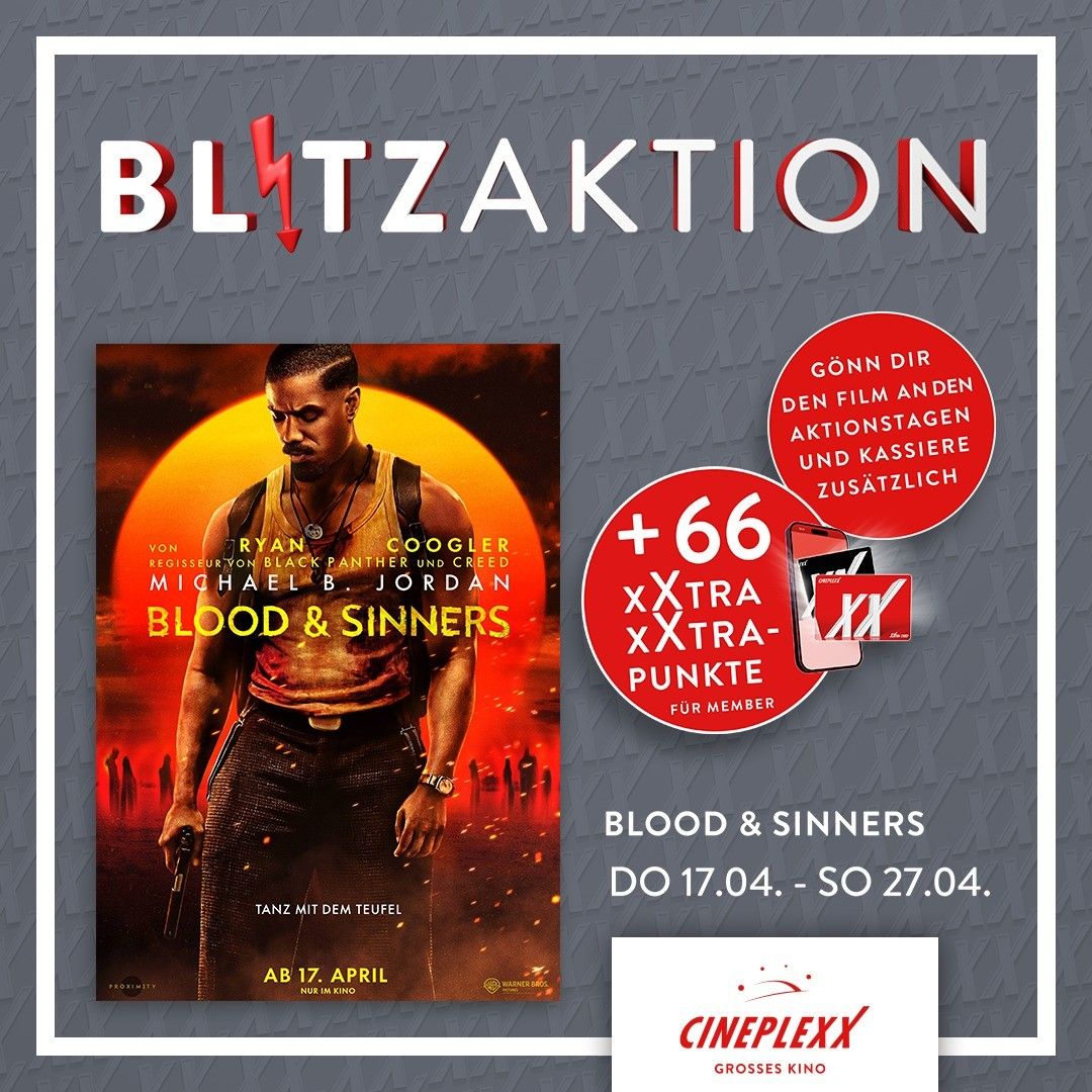 Poster für den Film 'Blood & Sinners' mit einem Mann, der eine Waffe in der Hand hält, mit dem Titel in großen roten Buchstaben. Der Poster hat auch einen roten Kreis mit '+66', einem Veröffentlichungsdatum des Films und einem Logo für Cineplexx.