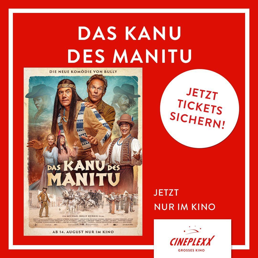 Ein Filmplakat für 'Das Kanu des Manitu', das Schauspieler und eine Aufforderung zum Sichern von Tickets jetzt zeigt. Das Plakat hat einen roten Hintergrund.