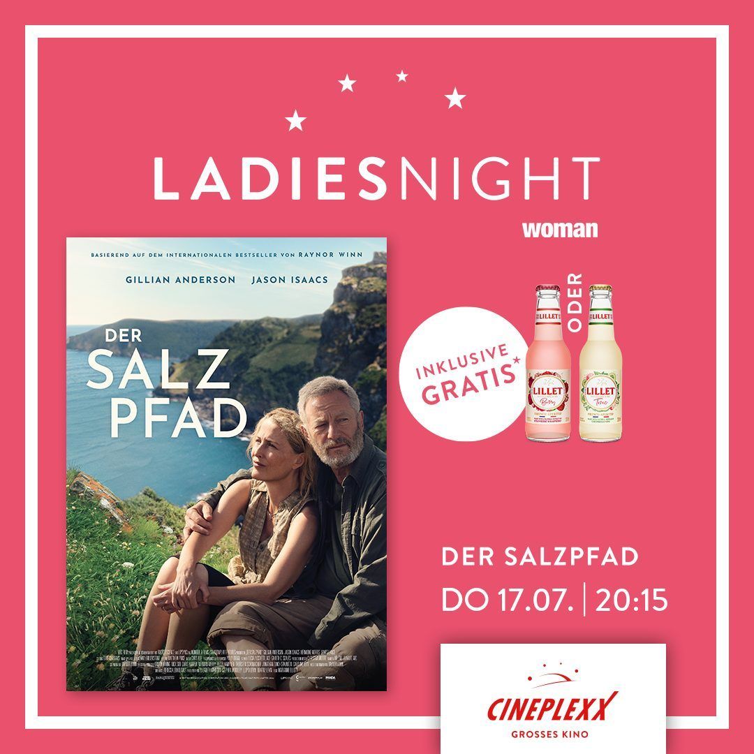 Ladies Night mit Gillian Anderson und Jason Isaacs. Filmposter mit zwei Flaschen Lillet Wein inklusive. Zeigt 'Der Salzpfad' am 17.07. um 20:15 Uhr.