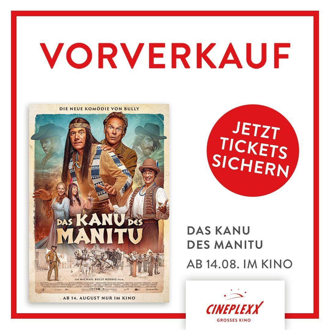 Filmplakat für 'Das Kanu des Manitu' mit der Besetzung. Der Film ist eine Komödie und wird am 14. August veröffentlicht. Tickets sind jetzt erhältlich.