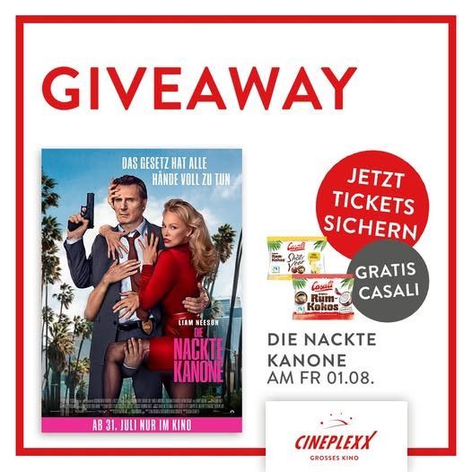 Gewinnspiel für den Film 'Die Nackte Kanone'. Das Plakat zeigt einen Mann und eine Frau in Rot. Der Film ist ab 12 Jahren freigegeben. Das Gewinnspiel beinhaltet kostenlose Tickets und Snacks.