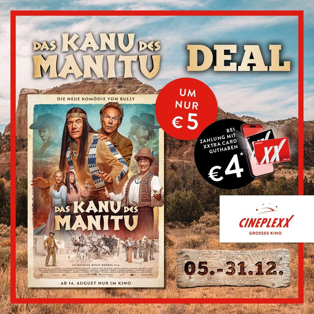 Werbeplakat für den Film 'Das Kanu des Manitu'. Es zeigt eine Wüstenszene mit einem Filmplakat im Vordergrund. Das Plakat enthält den Titel des Films, die Hauptdarsteller und ein Werbeangebot zu einem niedrigen Preis.