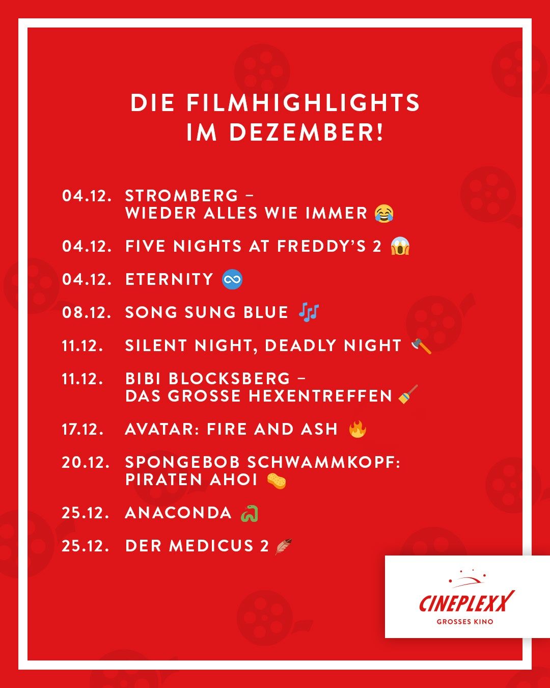 Ein roter Plakat zeigt die Film-Highlights für Dezember. Filme wie Stromberg, Five Nights at Freddy's 2 und Avatar: Feuer und Asche sind dabei. Jedem Film ist ein Veröffentlichungsdatum zugeordnet.