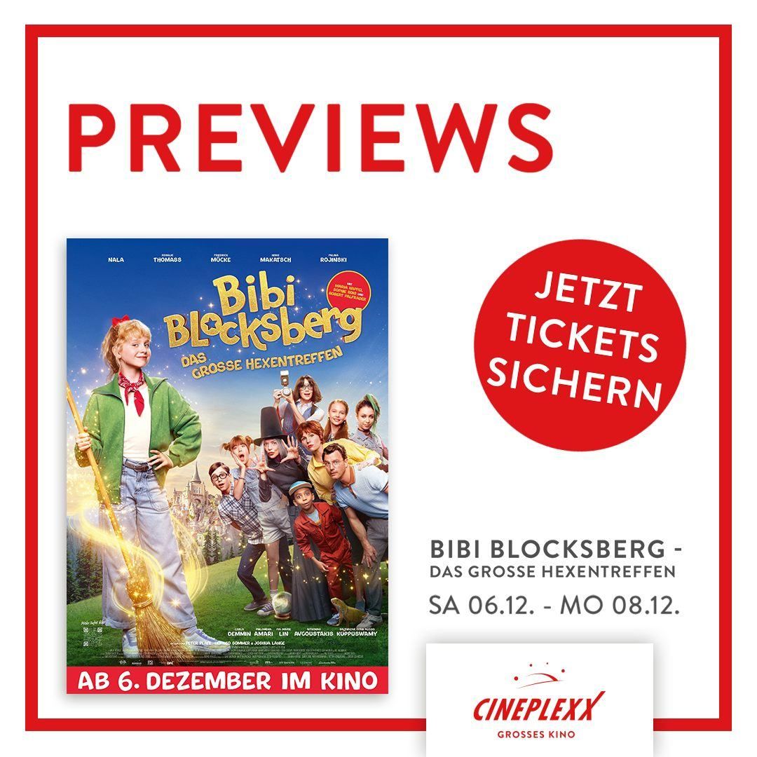 Filmplakat für 'Bibi Blocksberg - Das große Hexentreffen'. Zeigt ein Mädchen mit einem Besen und einem Schloss im Hintergrund. Der Film läuft vom 6. bis 8. Dezember. Tickets können jetzt gesichert werden.
