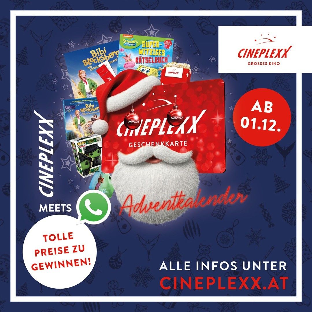 Adventskalender mit Gesicht von Santa Claus. Angebote umfassen Cineplexx-Geschenkkarte, Film-DVDs und Spielzeug. Frist ist der 1. Dezember. Besuchen Sie Cineplexx.at für Details.