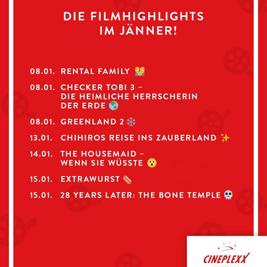 A red poster lists movie highlights for January. Titles include Rental Family, Checker Tobi 3, Greenland 2, Chihiro's Journey, The Housemaid, Extrawurst, and 28 Years Later. Each title has a corresponding emoji.