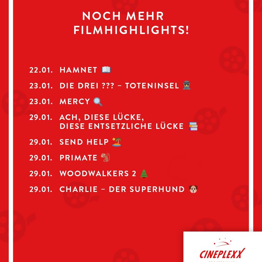 Poster with a red background, featuring a list of upcoming movie releases. Titles include 'Hamnet', 'The Three ??? - Island of the Skull', 'Mercy', 'Oh, This Luck, This Decisive Luck', 'Send Help', 'Primate', 'Woodwalkers 2', and 'Charlie - The Superdog'.