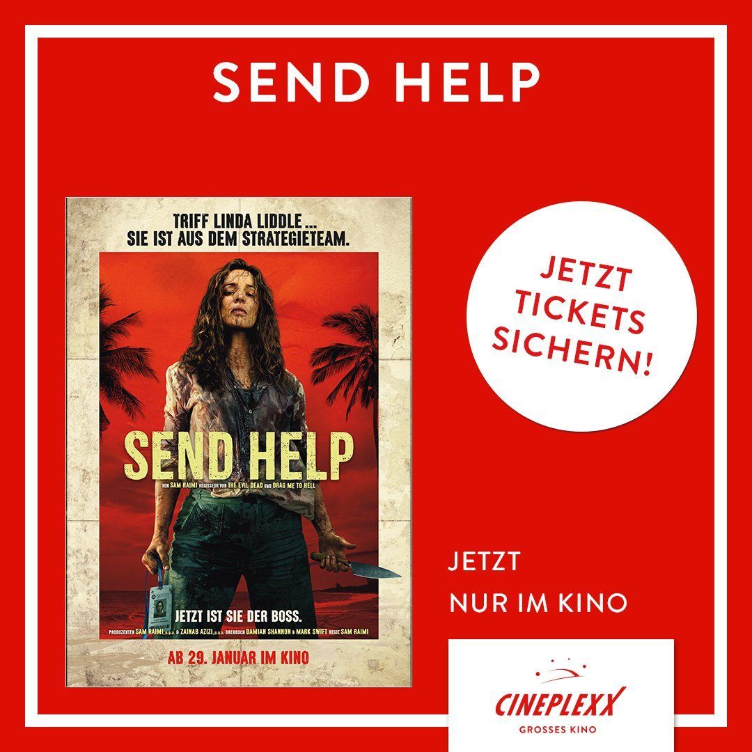 Filmplakat für 'Send Help' mit einer Frau mit verblutendem Gesicht. Der Titel 'SEND HELP' ist prominent angebracht. Der Erscheinungstermin ist der 29. Januar.
