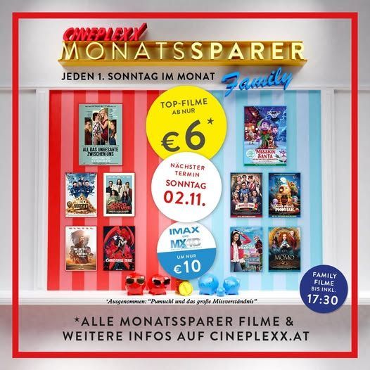 Ein Werbeplakat für Cineplexx's Monatssparer-Filme, mit Filmplakaten und Preisinformationen. Top-Filme kosten 6 Euro, während nächster-Termin-Filme 10 Euro kosten. Weitere Infos gibt es auf Cineplexx.at.