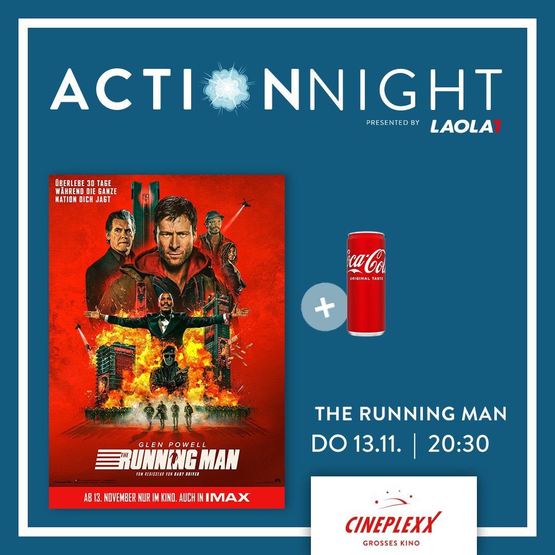 Poster für den Film 'The Running Man' mit einem Mann in Flammen. Coca-Cola Dose und Logo für Cineplexx. Datum und Uhrzeit für die Vorstellung sind 13. November, 20:30 Uhr.
