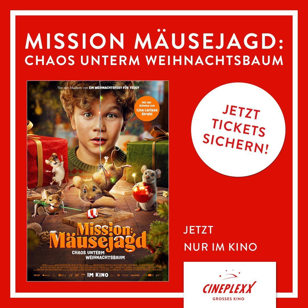 Ein Filmplakat für 'Mission Mausejagdd' zeigt einen Jungen, eine Maus und Weihnachtsgeschenke. Das Poster ermutigt, Tickets jetzt zu sichern, nur im Kino.