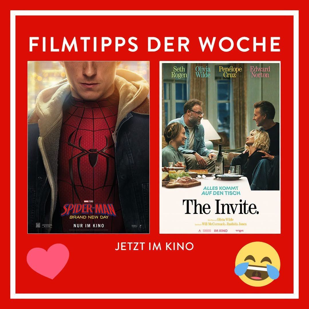 Poster für 'Spider-Man: Brand New Day' mit einem Mann in einem roten Spider-Man-Anzug. Daneben ein Poster für 'The Invite' mit einer Familie, die an einem Esstisch sitzt. Beide Poster haben einen roten Hintergrund mit weißem Text.