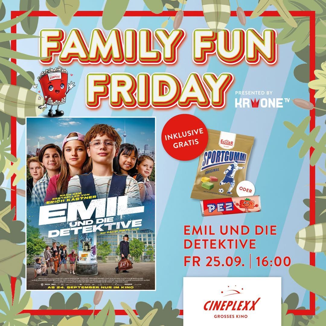Werbeplakat für Family Fun Friday mit einem Filmplakat von Emil und die Detektive mit einer Gruppe von Kindern, Snacks und einem Kinoticket.