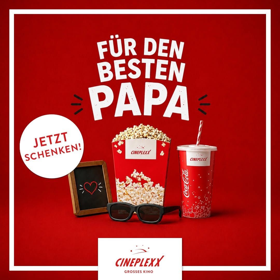 A red poster advertising for the best dad. It features a popcorn box, a Coca-Cola cup, glasses, a chalkboard, and a heart. The Cineplex logo is at the bottom.