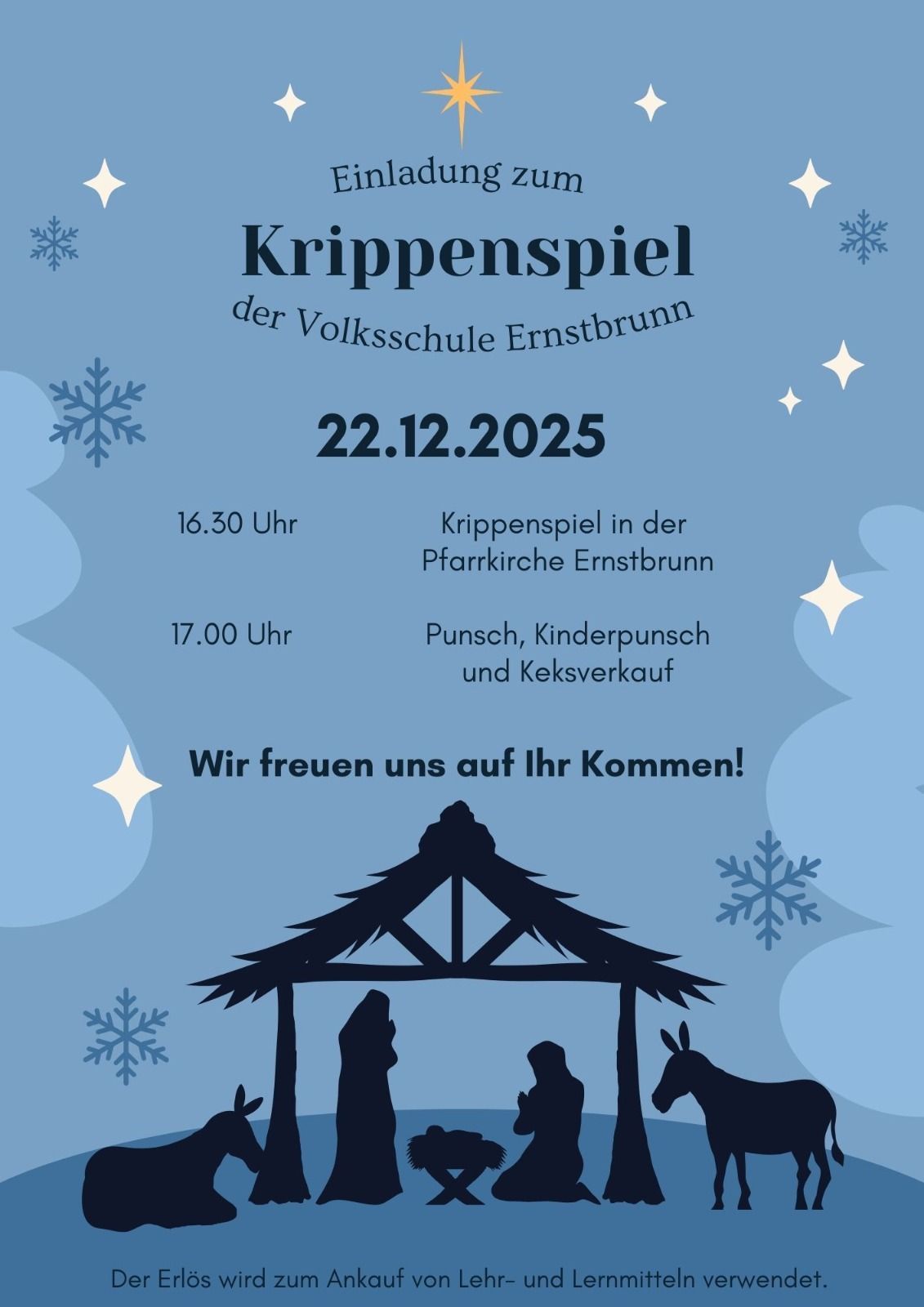 Ein Plakat für die Krippenspiel-Veranstaltung am 22. Dezember 2025. Es zeigt eine Krippe mit Maria, Josef und einem Esel. Zeiten und Aktivitäten sind aufgeführt. Die Veranstaltung findet in der Pfarrkirche Ernstbrunn statt.