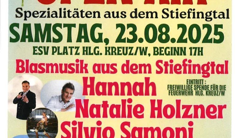 Plakat für ein Open-Air-Event am 23. August 2025 mit musikalischen Darbietungen und Feuerwerk. Künstler sind Hannah, Natalie Holzner, Silvio Samoni, Markus Wolffahrt und DJ Daniel Dusenflitz.