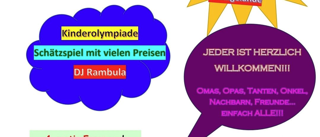 Plakat mit Kinderspielen, kostenlosem Essen und Getränken am 27. Juni 2025. Grillspezialitäten, kühle Getränke, Kaffee, Kochen und Eis. Kostenlose Mahlzeiten für jedes Kind. DJ Rambula.