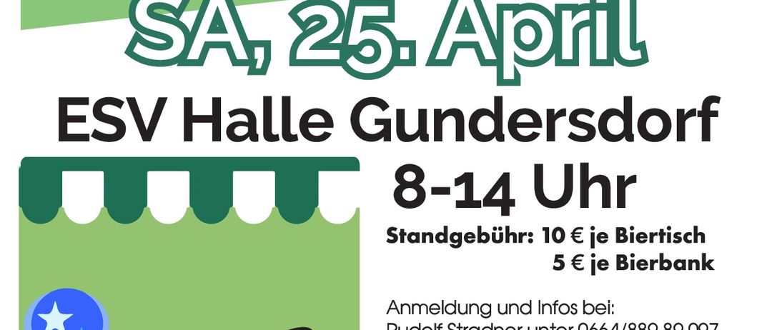 Plakat für einen Kinder- und Familienflohmarkt am 25. April im ESV Halle Gundersdorf. Zeit: 8-14 Uhr, Gebühren: 10€ pro Stand, 5€ pro Bierbank. Kontakt: Rudolf Stradner, 0664/889 89 097, oder Gemeinde Ragnitz, 03183/8388. SOS Kinderdorf.