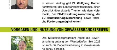 The event on March 3, 2026 at 1:30 PM is at Kultursaal Fannach in Fannach 71, 8081 Pirching am Traubenberg. The presentation by DI Wolfgang Holzer discusses forestry challenges and opportunities, including the wood market and EU regulations. Another presentation by Ing. Stefan Neubauer covers guidelines for water boundaries and environmental benefits.
