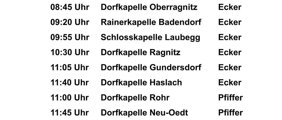 Osterspeisensegnungen mit Herrn Diakon Mag. Helmut Ecker und Frau Maria Pfiffer. Zeitplan der Gottesdienste in verschiedenen Dorfkapellen.