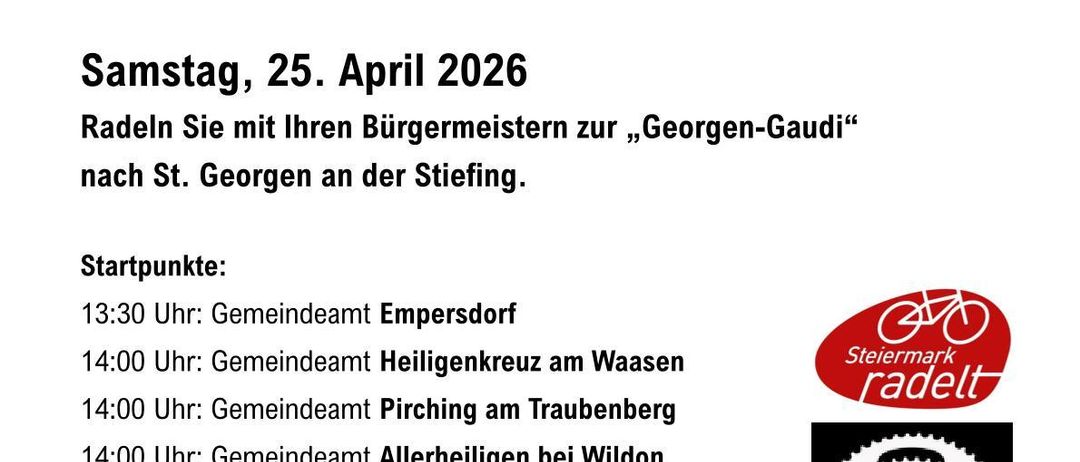 Poster announcing the 'Georg-Gaudi' bike ride with the mayor on April 25, 2026. Starts at various points and ends in St. Georgen at 15:00. Participants receive a goodie bag.