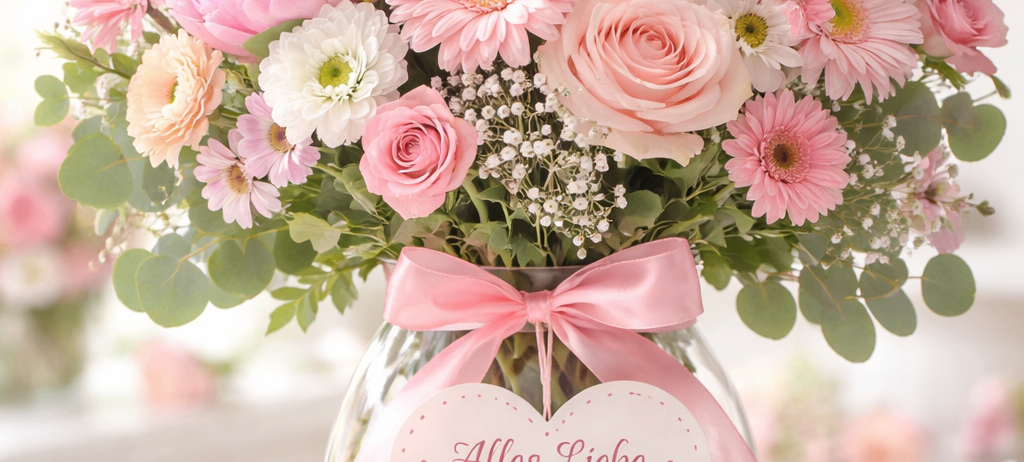 Eine Vase mit einem Strauß aus rosa und weißen Blumen, ein rosa Herzschild mit der Botschaft 'Alles Liebe Muttertag!' Ein rosa Kasten und ein rosa Macaron befinden sich neben der Vase.