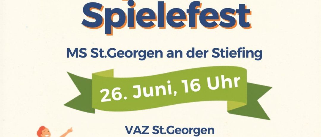 Schul-, Sport- und Spielefest an der MS St. Georgen an der Stiefung. 26. Juni, 16 Uhr. VAZ St. Georgen. Illustration von Kindern, die Sport treiben.