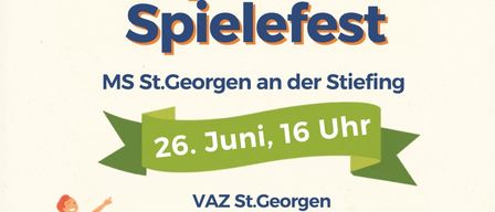 Schul-, Sport- und Spielefest an der MS St. Georgen an der Stiefung. 26. Juni, 16 Uhr. VAZ St. Georgen. Illustration von Kindern, die Sport treiben.
