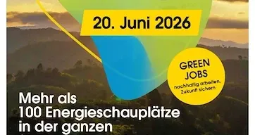 Plakat für den 'Längeren Tag der Energie' am 20. Juni 2026. Es zeigt über 100 Energiejobmöglichkeiten in der Steiermark, Österreich. Die Veranstaltung fördert nachhaltige Arbeitsplätze und zukünftige Sicherheit. Besuchen Sie www.langertagderenergie.at für weitere Infos.