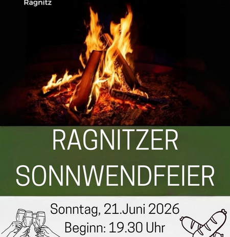 Ragnitzer Sonnenwendefeuer-Eventposter. Feuerstelle mit Holz. Datum: 21. Juni 2026. Startzeit: 19:30. Ort: Schloss Laubegg. Essen und Getränke sind vorhanden.