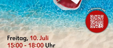 Ein Mann liegt auf einer aufblasbaren Schwimminsel im Pool. Unten befindet sich ein QR-Code für die Blutspende-App. Die Veranstaltung findet am Freitag, 10. Juli, von 15:00 bis 18:00 Uhr im Schloss Laubegg, Laubegg 1, statt.