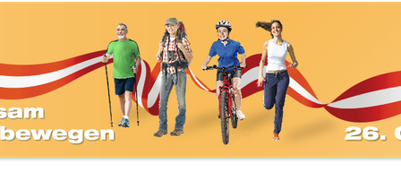 Eine Werbung für eine Gemeinschaftsveranstaltung am 26. Oktober mit vier Personen, die verschiedene Aktivitäten wie Gehen, Radfahren und Laufen ausüben. Der Hintergrund ist ein leuchtendes Orange mit weißen und roten Wellen.