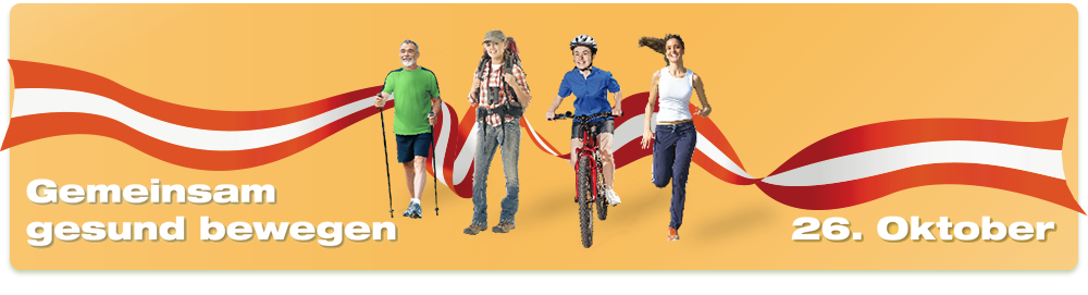 Eine Werbung für eine Gemeinschaftsveranstaltung am 26. Oktober mit vier Personen, die verschiedene Aktivitäten wie Gehen, Radfahren und Laufen ausüben. Der Hintergrund ist ein leuchtendes Orange mit weißen und roten Wellen.