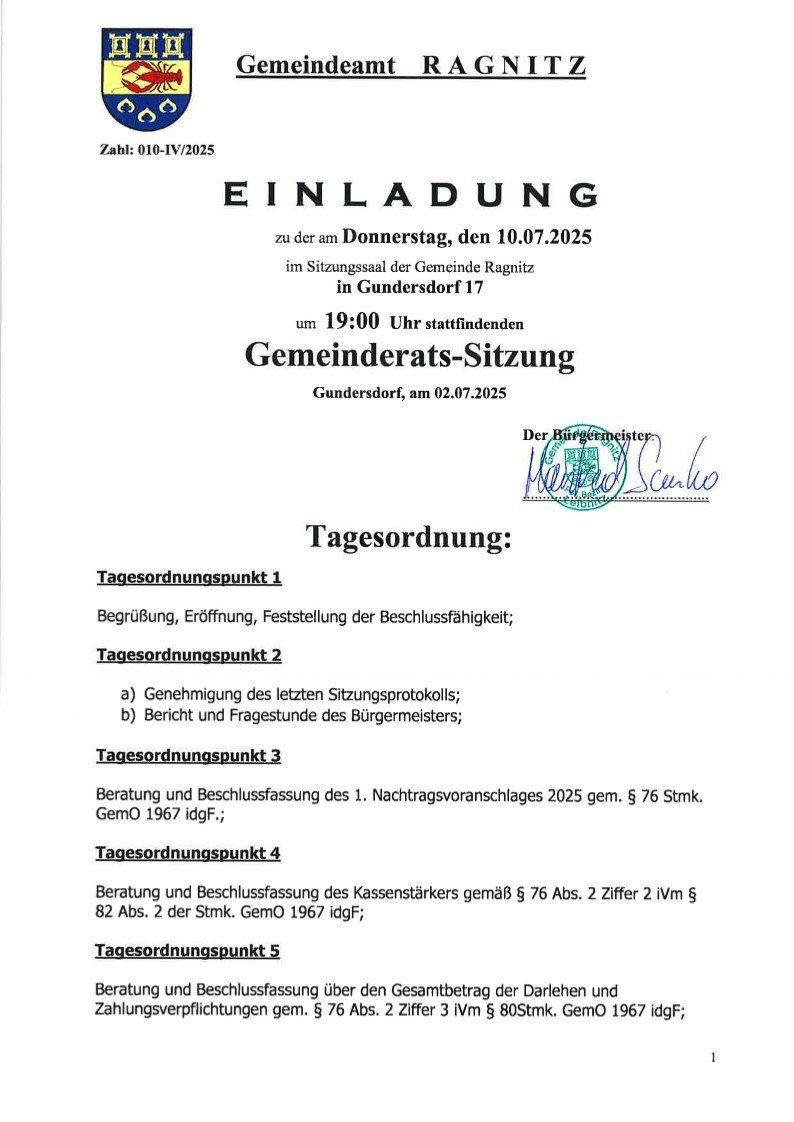 Einladung zur Gemeinderatssitzung in Gundersdorf 17, Donnerstag, 10.07.2025, um 19:00 Uhr. Themen sind Genehmigung, Öffnung und Feststellung der Beschlussfähigkeit.