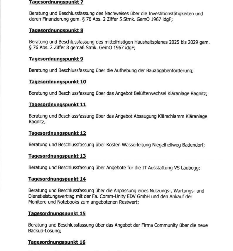 Das Dokument enthält Tagesordnungspunkte für eine Sitzung, einschließlich Diskussionen über die Bewertung von Investitionssicherheiten und Finanzierung, Haushaltspläne für 2025-2029, Bauvorhaben und IT-Infrastruktur-Updates.
