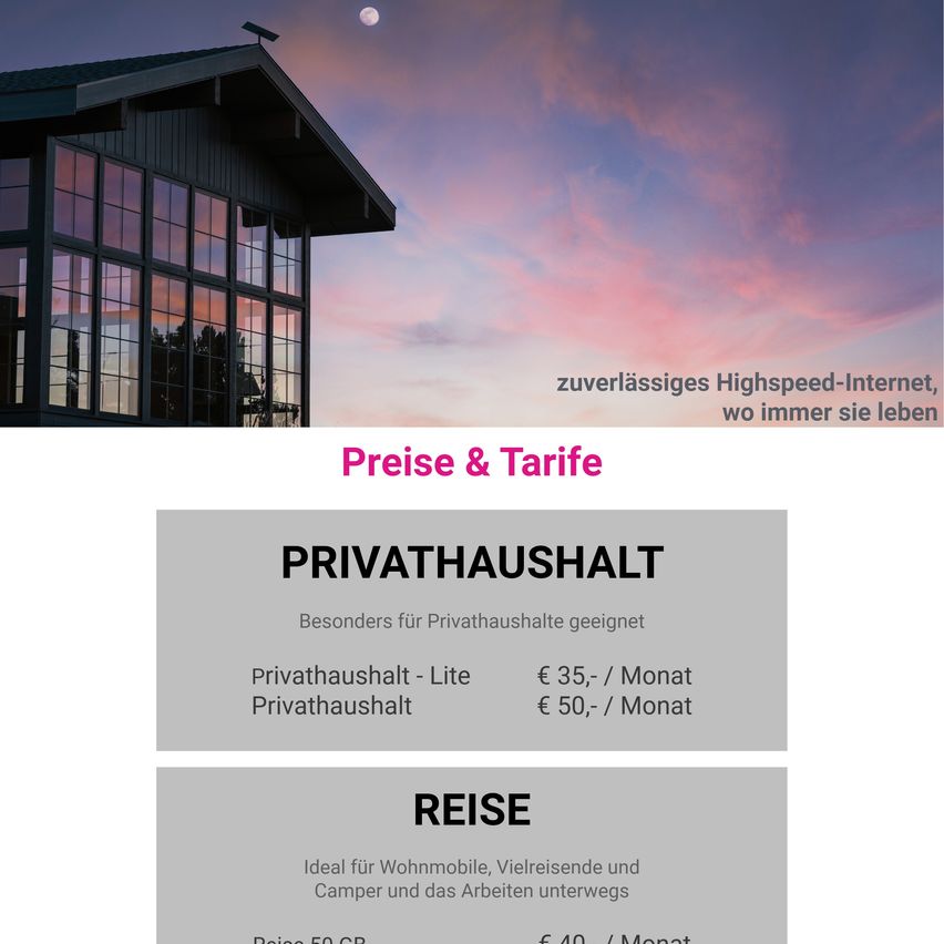Ein Haus mit einem Mond am Himmel wird gezeigt. Unten steht 'zuverlässiges Highspeed-Internet, wo immer Sie leben.' Preise und Tarife sind aufgeführt. Privathaushalte können zwischen 'Privathaushalt - Lite' für 35 € pro Monat und 'Privathaushalt' für 50 € pro Monat wählen. Reisen ist ideal für Wohnwagen, Reisende, Camper und unterwegs, kostet 40 € pro Monat.